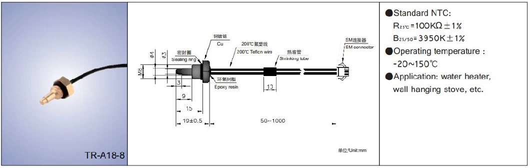 Cabo Group Kg-C Cylindrical Ntc Temperature Sensor for Water Heater Air Conditioner Refrigerator Oven Coffee Maker